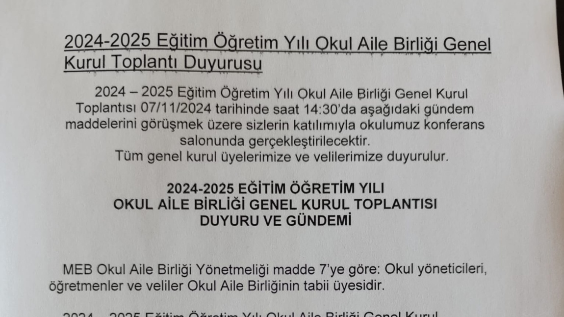 2024/2025 EĞİTİM ÖĞRETİM YILI OKUL AİLE BİRLİĞİ GENEL KURUL TOPLANTISI DUYURU VE GÜNDEM MADDELERİ